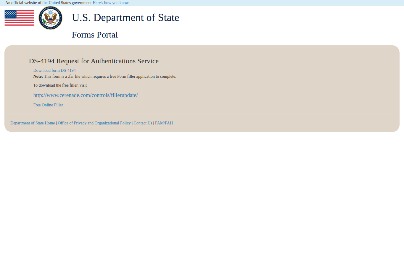 Screenshot of the official DS-4194 form portal